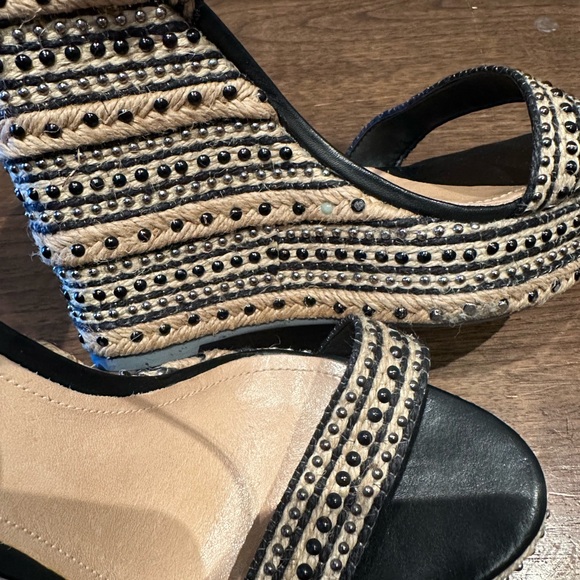 Schutz Black and Natural Espadrille Wedge Sandals with Stud Accents - Picture 5 of 11